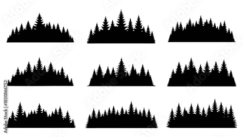Collection of diverse forest landscape vector silhouettes for nature-inspired graphic design and outdoor scene illustrations