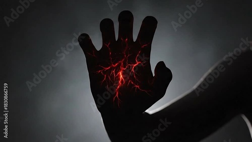 Hand emitting red energy with veins and lightnings in the dark, representing power and magic