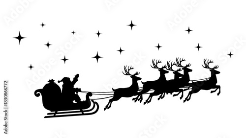 Festive silhouette of Santa's sleigh pulled by reindeer against a starry night sky, embodying holiday magic and winter joy