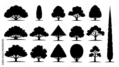 Diverse tree silhouette icon set featuring sixteen unique vector shapes for graphic design projects