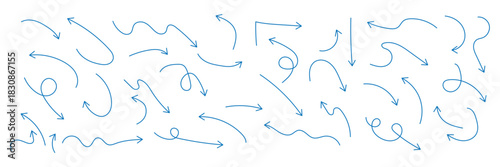 Hand drawn arrows icon set. Sketch curved arrows design. Arrow handmade. Doodle arrows of varios shapes and directions. Pointer and cursor icons.