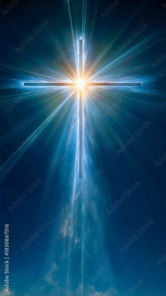 Obraz premium A glowing Christian cross in a deep blue sky with divine light rays, a spiritual religious symbol of faith, a holy sunburst background, a concept of hope and resurrection.