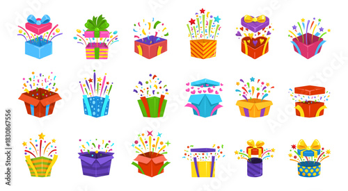 Cartoon giftbox confetti. Gift box explosion, pleasant surprise open present unbox sale concept holiday boxes case birthday christmas wrapping, gifts set kicky vector illustration