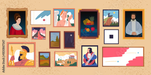 Art gallery paintings. Framed pictures hanging museum wall studio room, photo portrait impressionism drawing artwork frame historical person abstract painting vector illustration