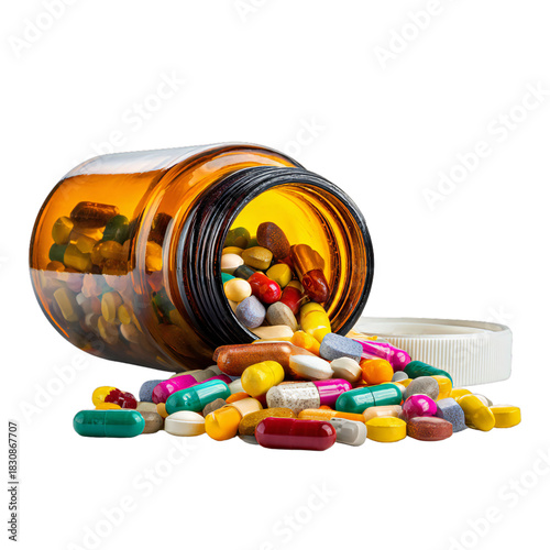 Spilled pills from amber medicine bottle, colorful tablets and capsules, pharmacy medication overdose or supplement concept, isolated on white background
