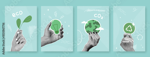 Halftone eco cards. Clean energy earth ecology collage concept, realistic hand holding green earth planet globe esg biodiversity recycle environmental change vector illustration