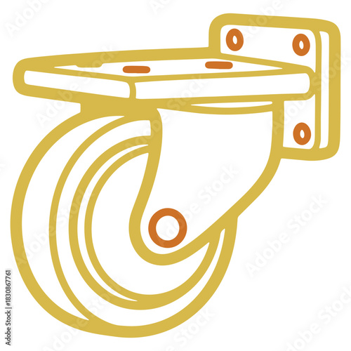 Isolated furniture caster illustration in golden color providing ease of movement and mobility with industrial design elements