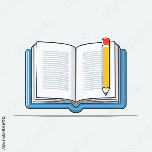 An Open Blue Hardcover Book With Yellow Pencil Resting On Pages Against A Light Gray Background
