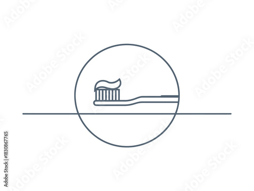 A simple line drawing depicts a toothbrush with toothpaste inside a circle, symbolizing dental hygiene.