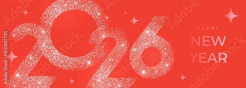 Happy New Year 2026 beautiful sparkling design of numbers and stars on bright red background. Modern winter holiday greeting banner, poster or greeting card template.