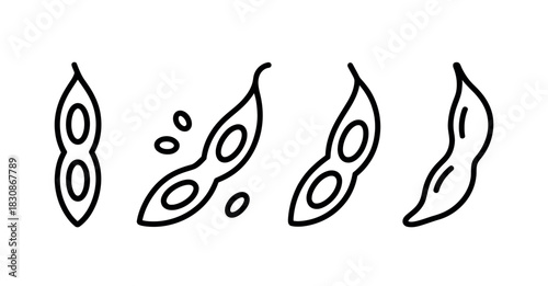 A row of simple line drawings depicts open and closed soybean pods with a few scattered beans.