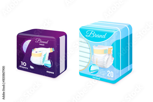 Realistic diapers pack. 3d diaper package design, diapering stack baby nappy sanitary product advertising newborn care child pant toddler panties night sleep vector illustration
