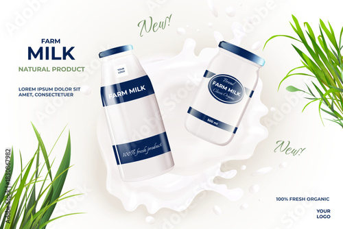 Realistic milk ad. Diary product glass bottle jar with milk splash advertising banner, yogurt farm organic fresh product brand promotion green grass poster 3d vector illustration