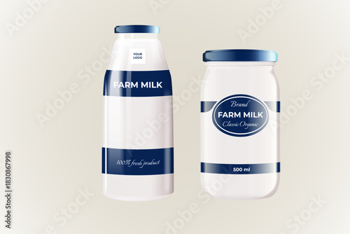 Realistic milk bottle. Glass jar dairy farm organic product package mockup, farmers drink containers healthy food advertising milky white beverage 3d isolated vector illustration