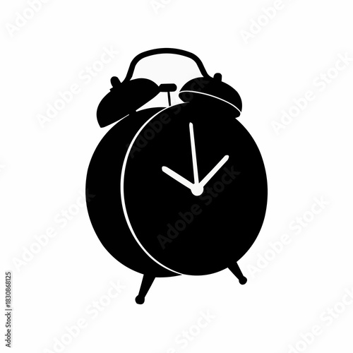 Classic Black Alarm Clock Illustration with Bells and Hands.