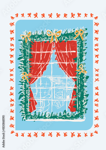 Doodle Framed Poster Christmas Window with Pine Branches Decor