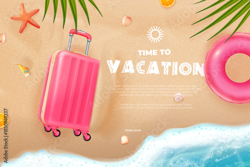 Vacation time banner. Realistic beach sand top view, sea ocean water wave on shore with travel bag luggage inflatable ring palm leaves shells summer holiday 3d vector illustration