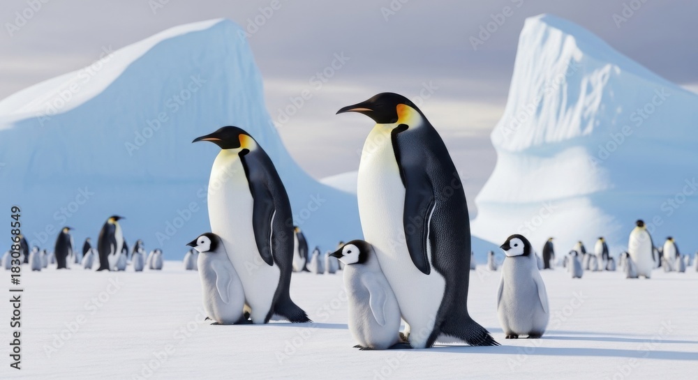 Fototapeta premium Emperor penguins with chicks in Antarctic landscape.