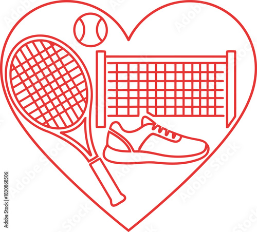 Red outline showcasing tennis equipment inside of a heart for the sporty lover of tennis activities
