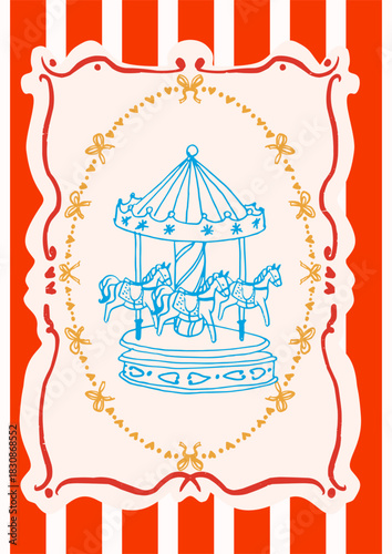 Doodle Vintage Framed Poster Christmas Horse Carousel Ride