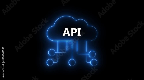 Neon blue cloud icon with API text and connecting lines on black background cloud computing application programming interface