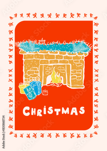 Vintage Doodle Framed Poster Christmas Fireplace Mantel Lettering