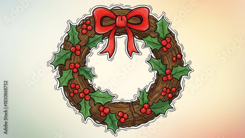Festive hand-drawn Christmas wreath with holly berries and red ribbon, perfect for holiday greetings and seasonal celebrations, spreading joy and warmth