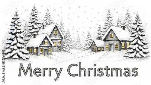 Charming winter village houses nestled among snow-covered pines with a Merry Christmas greeting, perfect for holiday cards and festive designs