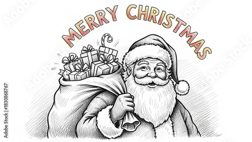 Festive Santa Claus illustration with a sack full of gifts brings holiday cheer and goodwill, perfect for Christmas cards and seasonal promotions