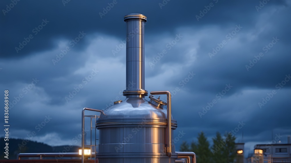 Fototapeta premium Industrial distillation equipment stands tall against a dramatic cloudy dusk sky at an industrial facility