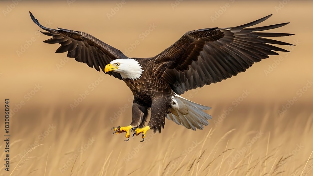 Obraz premium Majestic American bald eagle in flight, a wild predator and symbol of America, showcasing its white head, fierce eye, and impressive feathers