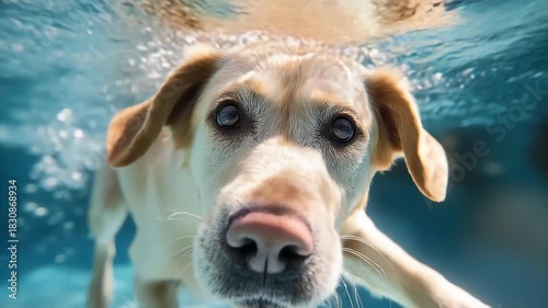 Funny underwater picture of puppies in swimming pool playing deep dive action training game with family pets and popular dog breeds during summer holidays. recreation, relax, generate by AI