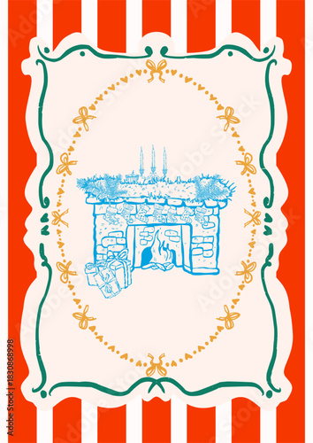 Simple Doodle Framed Poster Cozy Christmas Fireplace Interior