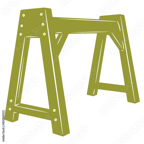 Olive Green Sawhorse Illustration with Simple Design for Carpentry and Woodworking Projects with Visible Rivets on White Background