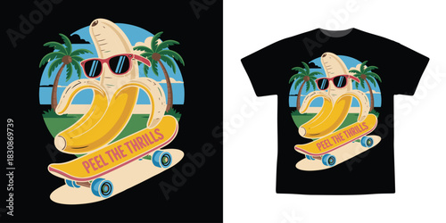 Funny Banana Skateboard T-Shirt Design – “Peel The Thrills” Retro Summer Cartoon Illustration