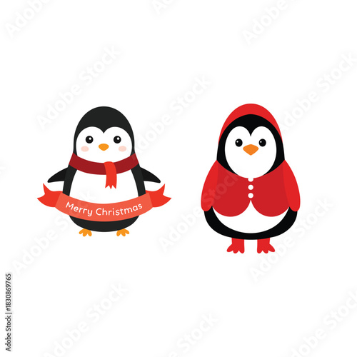 Cute cartoon penguins wearing winter clothing for christmas