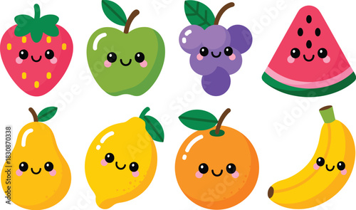 Super Cute Kawaii Fruit Character Vector Set Featuring Happy Strawberry, Apple, Grapes, Watermelon, Pear, Lemon, Orange, and Banana with Smiling Faces.