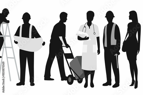 Silhouette Ensemble Diverse Professions & Careers Represented with Construction Worker, Healthcare Professional, and Business Person Standing Together