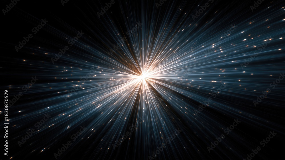 Naklejka premium Radiant light burst with blue and gold rays, bright sparkles and glowing streaks emanating from central bright core against dark background. Concept of energy explosion, starburst