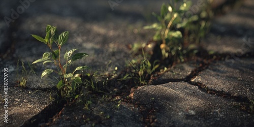 Realistic Photo of Seedlings Emerging Through Pavement Cracks