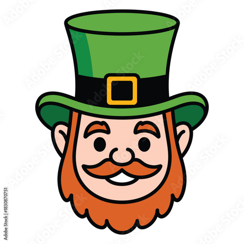 Cartoon leprechaun face with green hat and red beard smiling sweetly