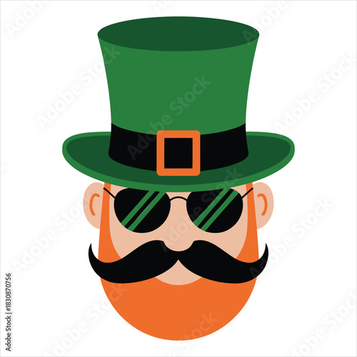 Cool cartoon leprechaun with beard mustache and sunglasses celebrating Saint Patricks Day