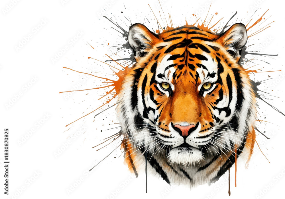 Naklejka premium Vibrant splatter art tiger portrait on black background