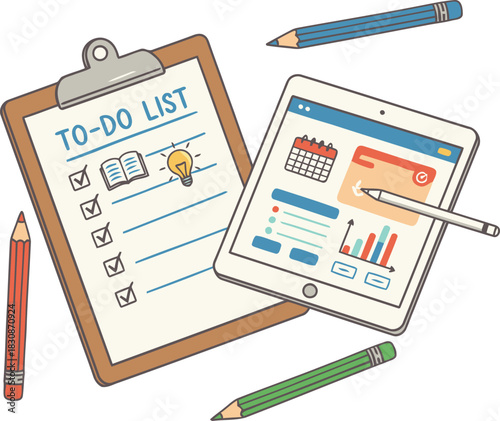 Managing daily tasks with a to do list and digital tablet for planning and efficiency at work