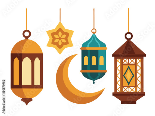 Islamic Ramadan Lanterns and Moon Decoration Vector