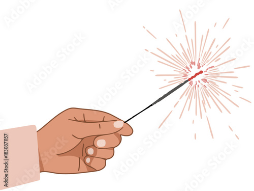 Hand holding a lit sparkler emitting light and sparks, illustrating celebration and joy. Concept of holiday festivity.