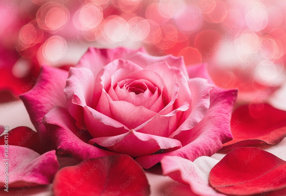Naklejka premium Pink and red roses petals on a bokeh background