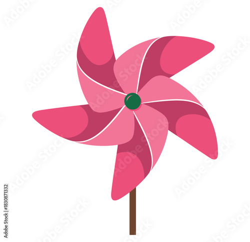 Illustration of a pink pinwheel with a green center and a brown stick