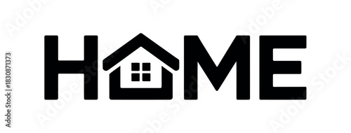 Home text logo with house roof and window in black and white illustration