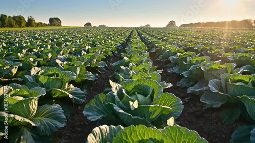 Green cabbage field growing under warm sunlight agricultural cultivation